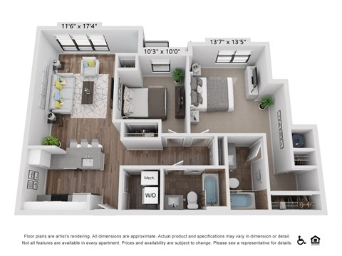 Floor plan for 2 beds, 2 baths, 945 sqft